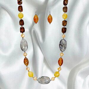 Multicolor Neutral Bead Necklace and Earring Set Brown, Beige, Gray Statement